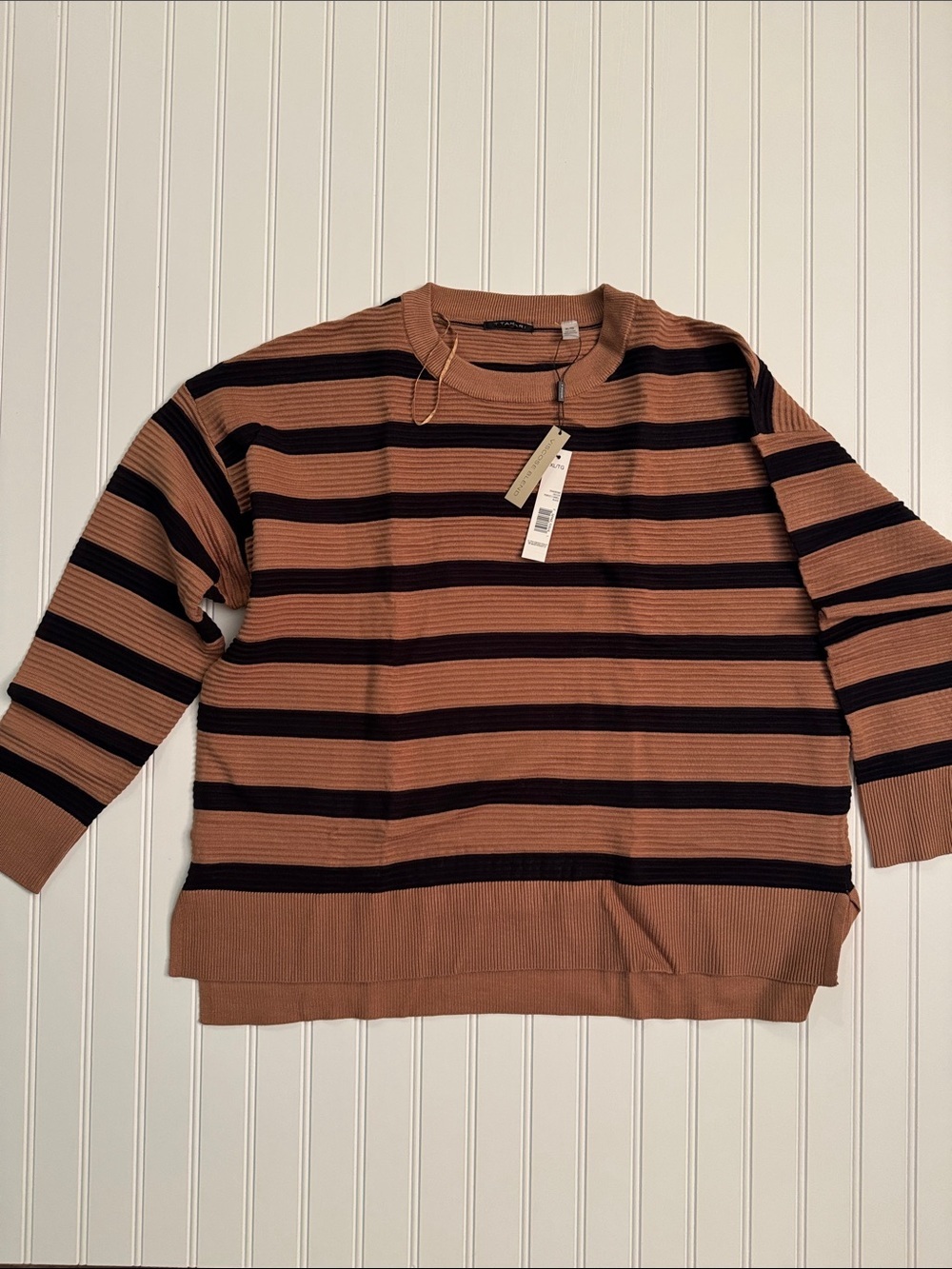 NWT Tahari XL Camel & Black Striped Ribbed Sweater Long Sleeve Pullover